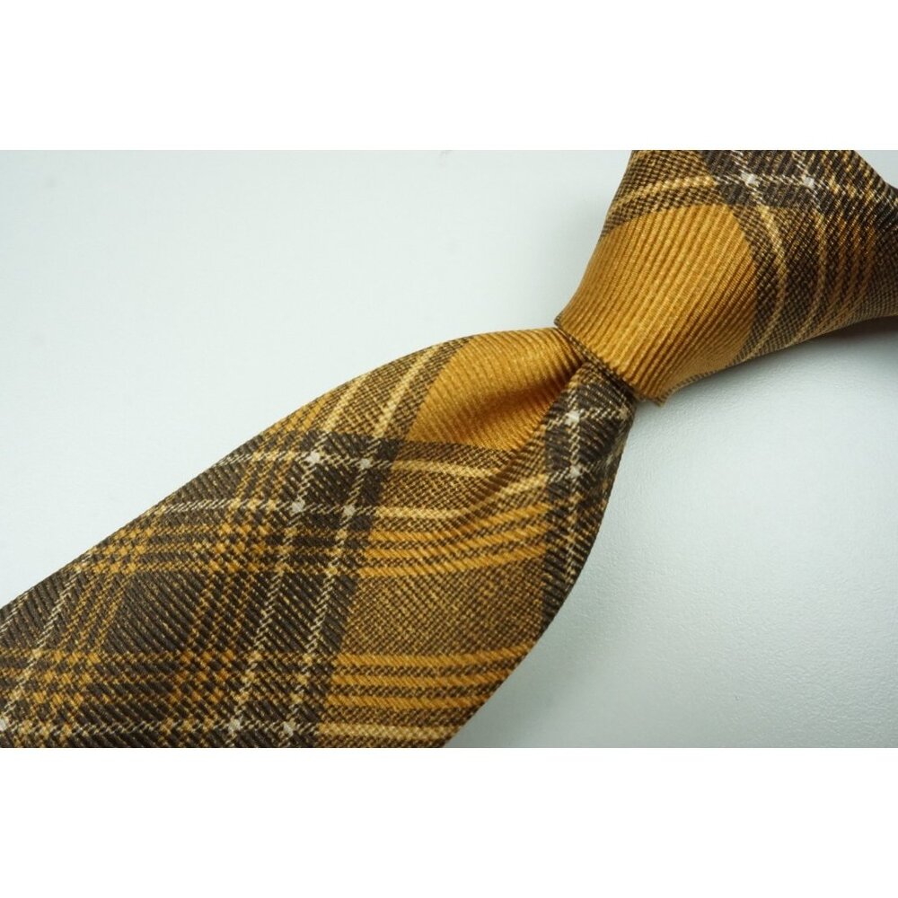 Kiton Mustard Gold Brown Plaid Tartan Seven Fold Silk Tie Made in Italy NEW